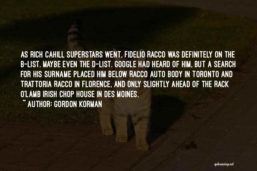 Gordon Korman Quotes: As Rich Cahill Superstars Went, Fidelio Racco Was Definitely On The B-list. Maybe Even The D-list. Google Had Heard Of