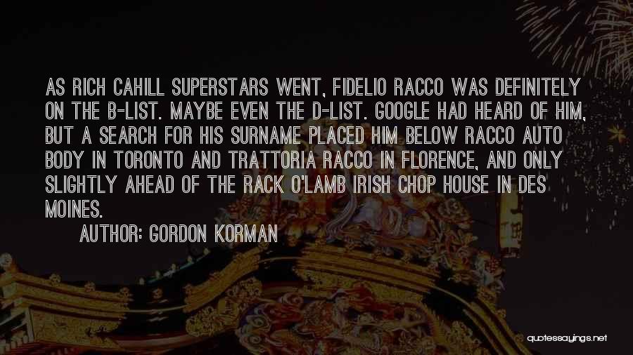 Gordon Korman Quotes: As Rich Cahill Superstars Went, Fidelio Racco Was Definitely On The B-list. Maybe Even The D-list. Google Had Heard Of