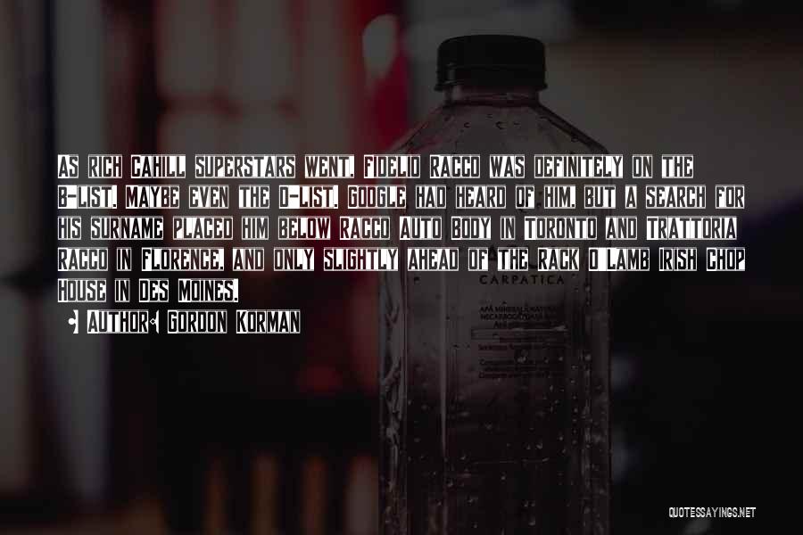 Gordon Korman Quotes: As Rich Cahill Superstars Went, Fidelio Racco Was Definitely On The B-list. Maybe Even The D-list. Google Had Heard Of
