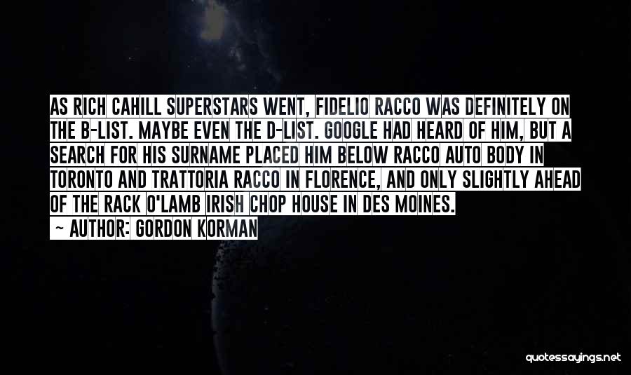 Gordon Korman Quotes: As Rich Cahill Superstars Went, Fidelio Racco Was Definitely On The B-list. Maybe Even The D-list. Google Had Heard Of