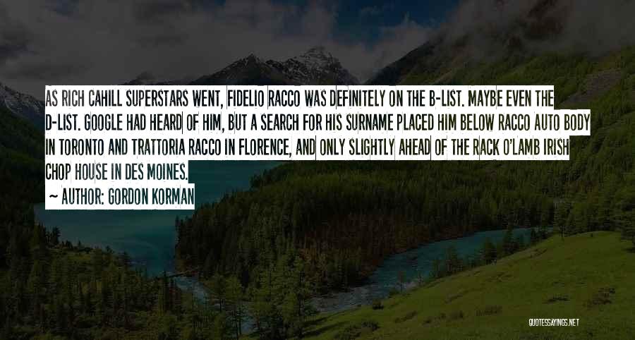 Gordon Korman Quotes: As Rich Cahill Superstars Went, Fidelio Racco Was Definitely On The B-list. Maybe Even The D-list. Google Had Heard Of