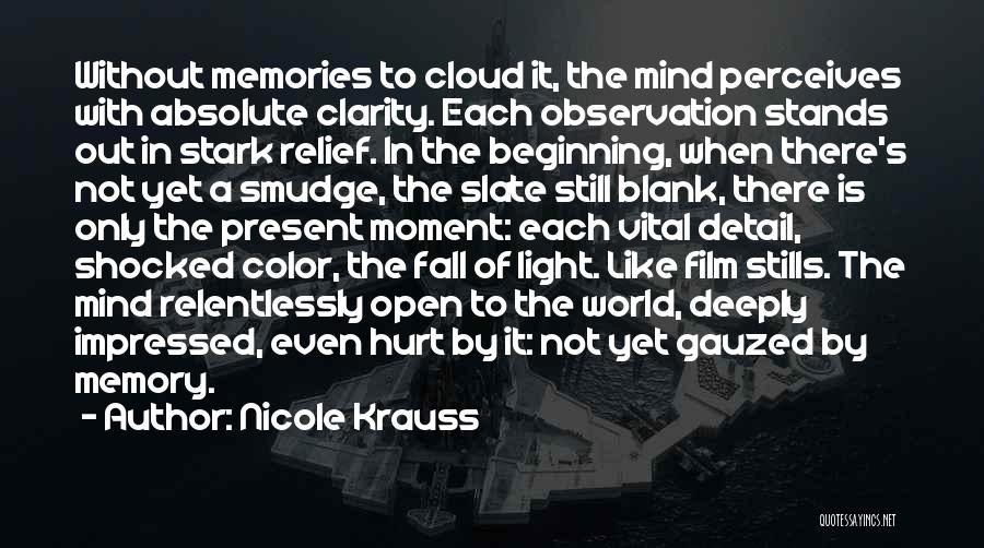Nicole Krauss Quotes: Without Memories To Cloud It, The Mind Perceives With Absolute Clarity. Each Observation Stands Out In Stark Relief. In The
