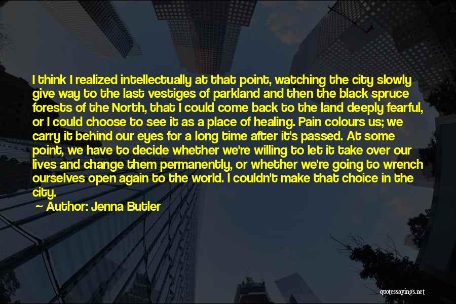 Jenna Butler Quotes: I Think I Realized Intellectually At That Point, Watching The City Slowly Give Way To The Last Vestiges Of Parkland