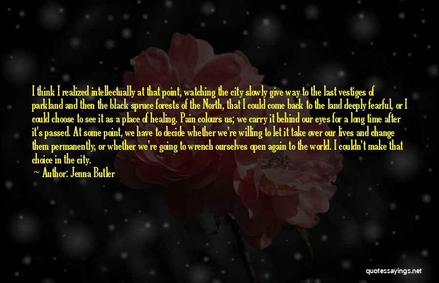 Jenna Butler Quotes: I Think I Realized Intellectually At That Point, Watching The City Slowly Give Way To The Last Vestiges Of Parkland