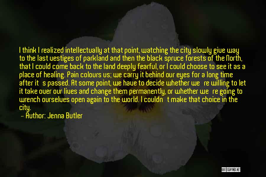 Jenna Butler Quotes: I Think I Realized Intellectually At That Point, Watching The City Slowly Give Way To The Last Vestiges Of Parkland