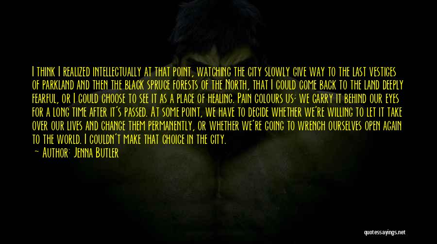Jenna Butler Quotes: I Think I Realized Intellectually At That Point, Watching The City Slowly Give Way To The Last Vestiges Of Parkland