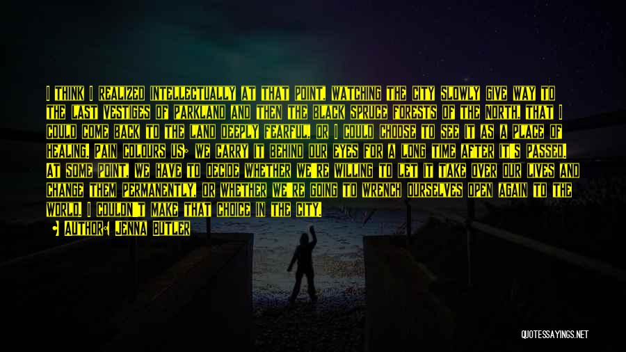 Jenna Butler Quotes: I Think I Realized Intellectually At That Point, Watching The City Slowly Give Way To The Last Vestiges Of Parkland