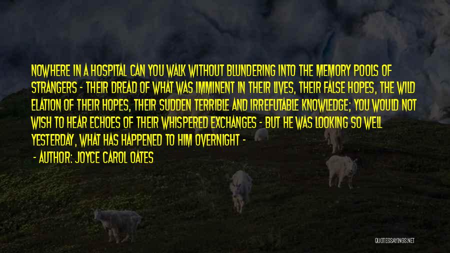 Joyce Carol Oates Quotes: Nowhere In A Hospital Can You Walk Without Blundering Into The Memory Pools Of Strangers - Their Dread Of What