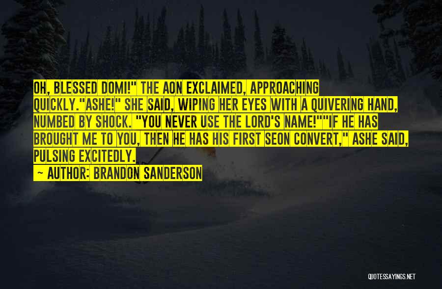 Brandon Sanderson Quotes: Oh, Blessed Domi! The Aon Exclaimed, Approaching Quickly.ashe! She Said, Wiping Her Eyes With A Quivering Hand, Numbed By Shock.