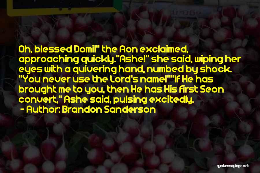 Brandon Sanderson Quotes: Oh, Blessed Domi! The Aon Exclaimed, Approaching Quickly.ashe! She Said, Wiping Her Eyes With A Quivering Hand, Numbed By Shock.