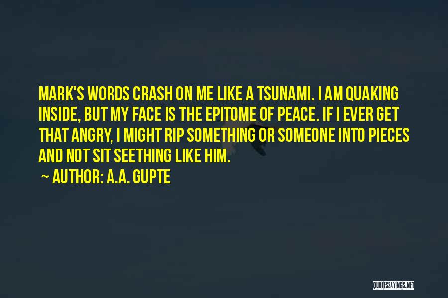 A.A. Gupte Quotes: Mark's Words Crash On Me Like A Tsunami. I Am Quaking Inside, But My Face Is The Epitome Of Peace.