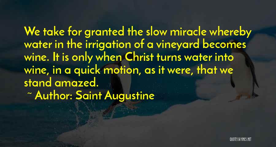 Saint Augustine Quotes: We Take For Granted The Slow Miracle Whereby Water In The Irrigation Of A Vineyard Becomes Wine. It Is Only