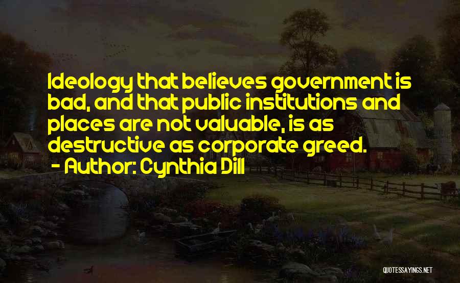 Cynthia Dill Quotes: Ideology That Believes Government Is Bad, And That Public Institutions And Places Are Not Valuable, Is As Destructive As Corporate