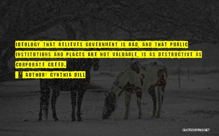 Cynthia Dill Quotes: Ideology That Believes Government Is Bad, And That Public Institutions And Places Are Not Valuable, Is As Destructive As Corporate