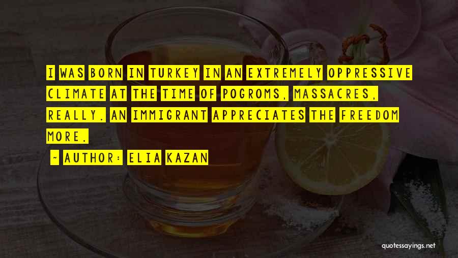 Elia Kazan Quotes: I Was Born In Turkey In An Extremely Oppressive Climate At The Time Of Pogroms, Massacres, Really. An Immigrant Appreciates