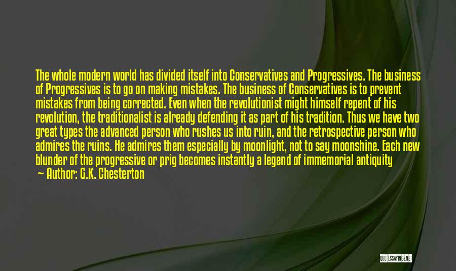 G.K. Chesterton Quotes: The Whole Modern World Has Divided Itself Into Conservatives And Progressives. The Business Of Progressives Is To Go On Making