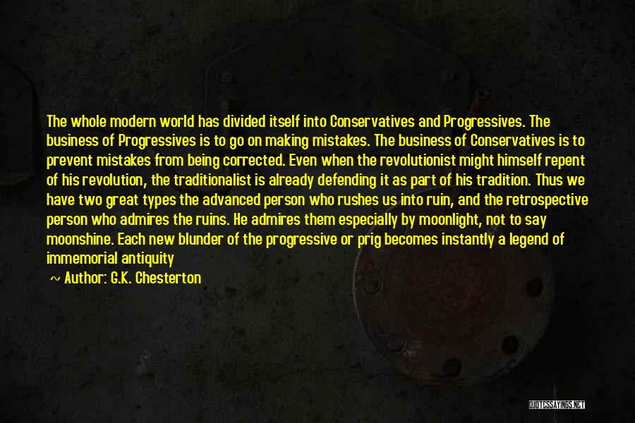 G.K. Chesterton Quotes: The Whole Modern World Has Divided Itself Into Conservatives And Progressives. The Business Of Progressives Is To Go On Making