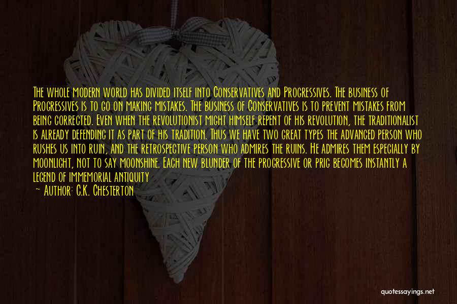 G.K. Chesterton Quotes: The Whole Modern World Has Divided Itself Into Conservatives And Progressives. The Business Of Progressives Is To Go On Making