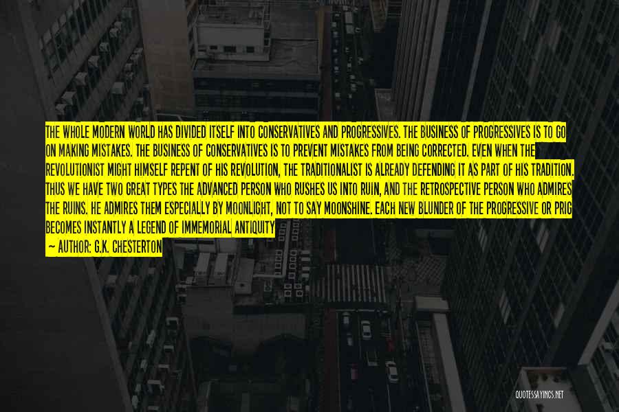 G.K. Chesterton Quotes: The Whole Modern World Has Divided Itself Into Conservatives And Progressives. The Business Of Progressives Is To Go On Making