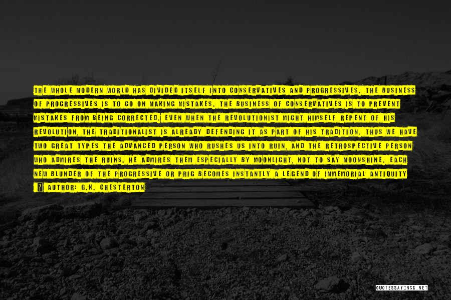 G.K. Chesterton Quotes: The Whole Modern World Has Divided Itself Into Conservatives And Progressives. The Business Of Progressives Is To Go On Making