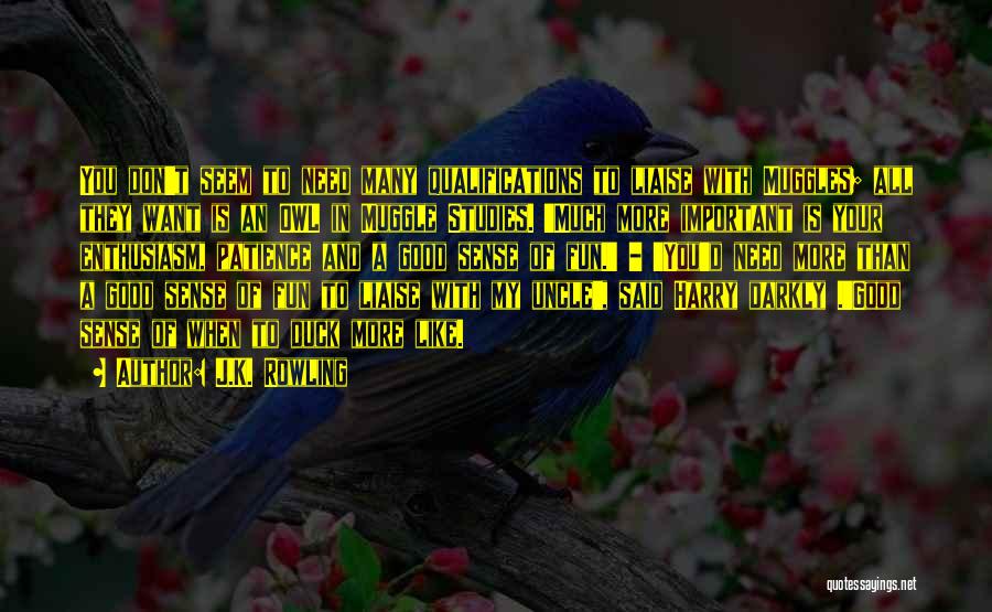 J.K. Rowling Quotes: You Don't Seem To Need Many Qualifications To Liaise With Muggles; All They Want Is An Owl In Muggle Studies.