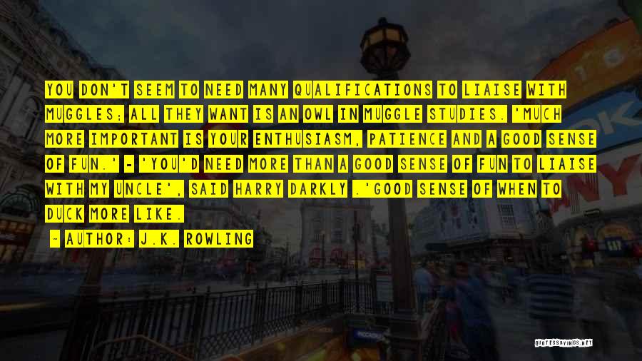 J.K. Rowling Quotes: You Don't Seem To Need Many Qualifications To Liaise With Muggles; All They Want Is An Owl In Muggle Studies.