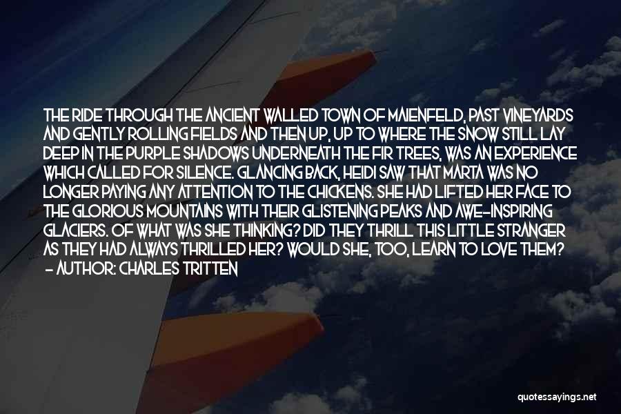 Charles Tritten Quotes: The Ride Through The Ancient Walled Town Of Maienfeld, Past Vineyards And Gently Rolling Fields And Then Up, Up To