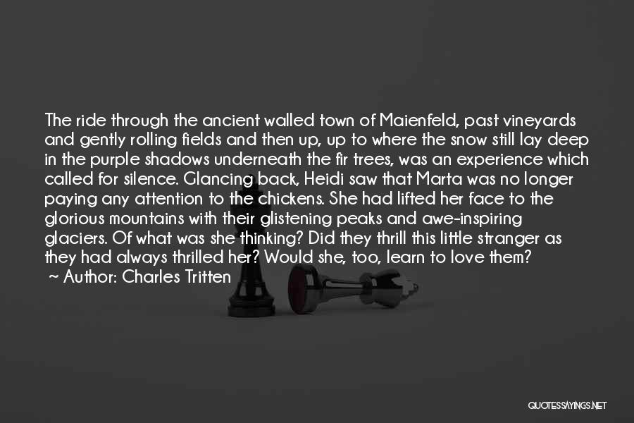 Charles Tritten Quotes: The Ride Through The Ancient Walled Town Of Maienfeld, Past Vineyards And Gently Rolling Fields And Then Up, Up To