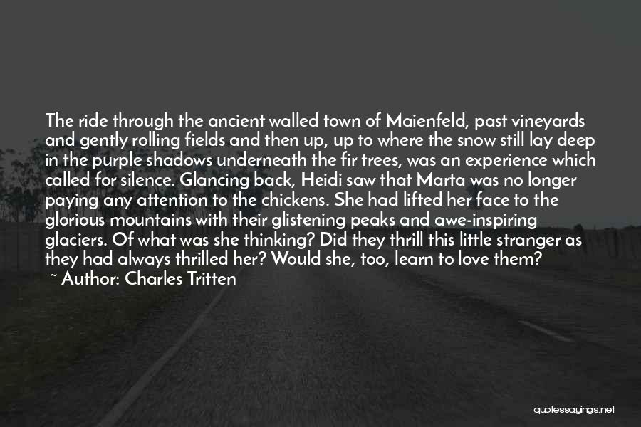 Charles Tritten Quotes: The Ride Through The Ancient Walled Town Of Maienfeld, Past Vineyards And Gently Rolling Fields And Then Up, Up To