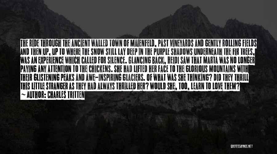 Charles Tritten Quotes: The Ride Through The Ancient Walled Town Of Maienfeld, Past Vineyards And Gently Rolling Fields And Then Up, Up To