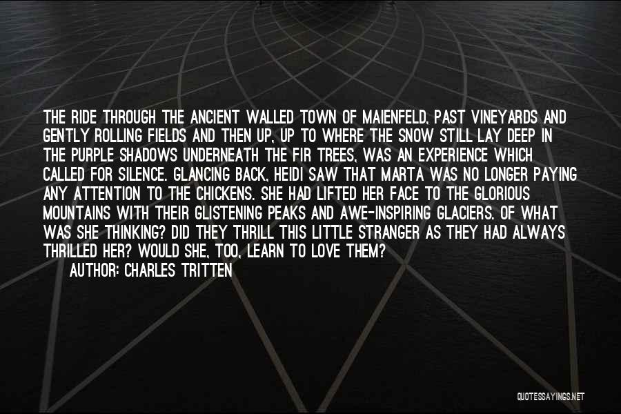 Charles Tritten Quotes: The Ride Through The Ancient Walled Town Of Maienfeld, Past Vineyards And Gently Rolling Fields And Then Up, Up To