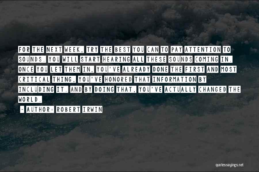 Robert Irwin Quotes: For The Next Week, Try The Best You Can To Pay Attention To Sounds. You Will Start Hearing All These