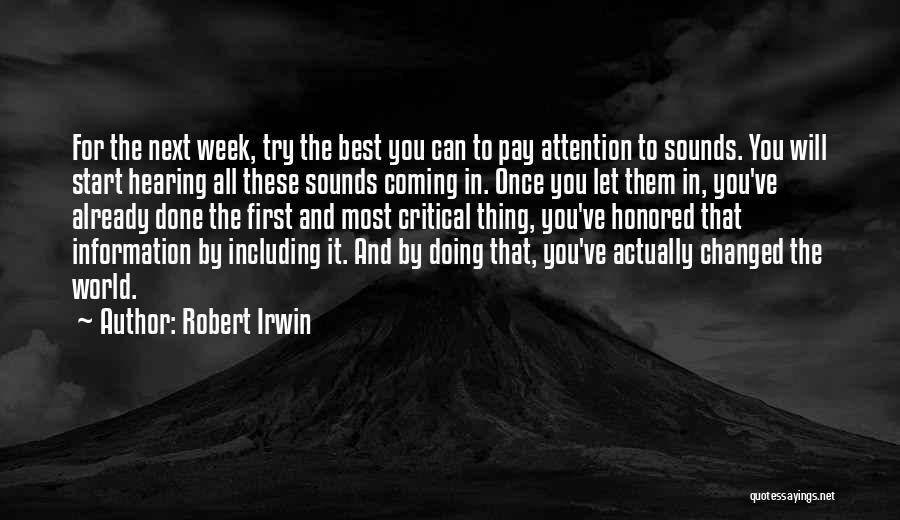Robert Irwin Quotes: For The Next Week, Try The Best You Can To Pay Attention To Sounds. You Will Start Hearing All These