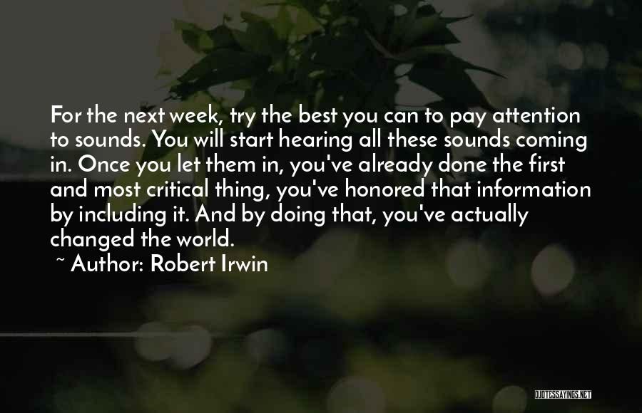 Robert Irwin Quotes: For The Next Week, Try The Best You Can To Pay Attention To Sounds. You Will Start Hearing All These