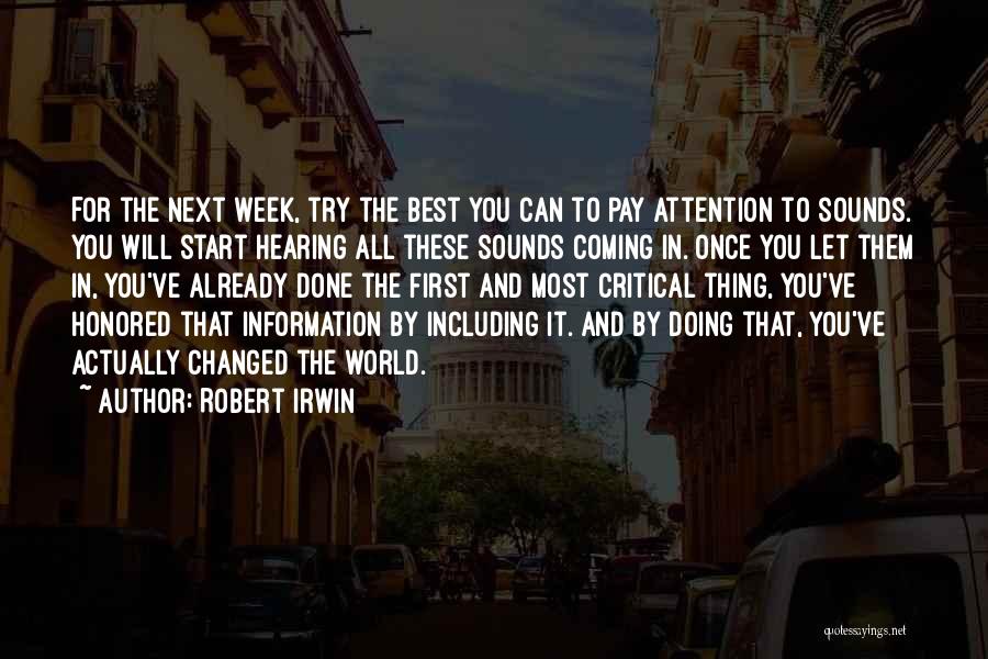 Robert Irwin Quotes: For The Next Week, Try The Best You Can To Pay Attention To Sounds. You Will Start Hearing All These
