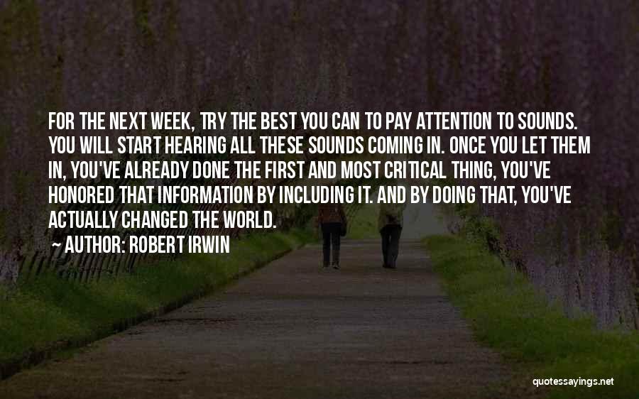 Robert Irwin Quotes: For The Next Week, Try The Best You Can To Pay Attention To Sounds. You Will Start Hearing All These