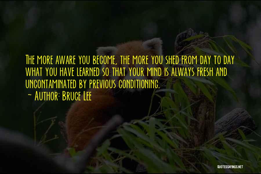 Bruce Lee Quotes: The More Aware You Become, The More You Shed From Day To Day What You Have Learned So That Your