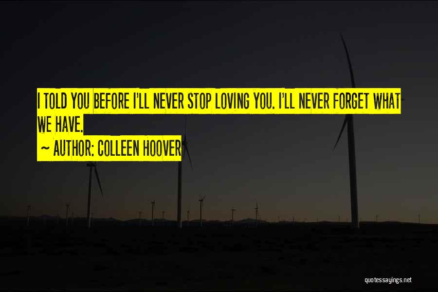 Colleen Hoover Quotes: I Told You Before I'll Never Stop Loving You. I'll Never Forget What We Have.