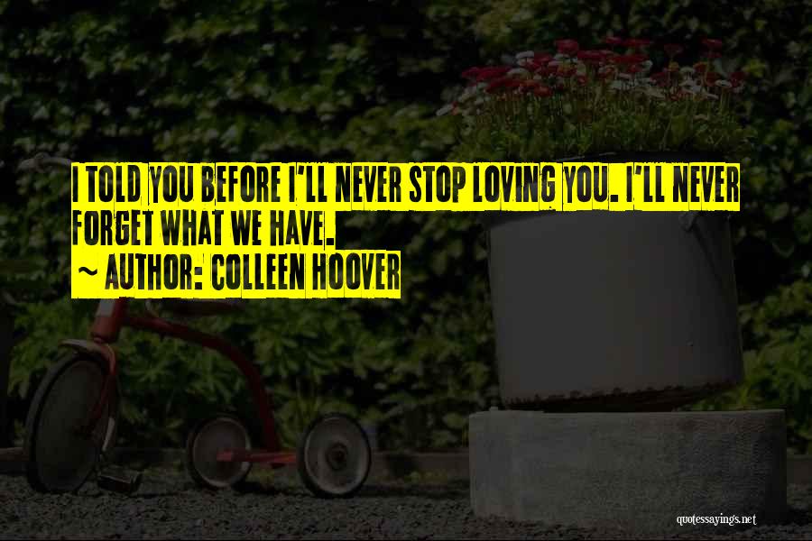 Colleen Hoover Quotes: I Told You Before I'll Never Stop Loving You. I'll Never Forget What We Have.