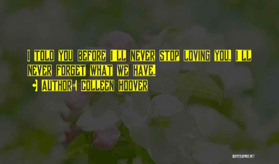 Colleen Hoover Quotes: I Told You Before I'll Never Stop Loving You. I'll Never Forget What We Have.