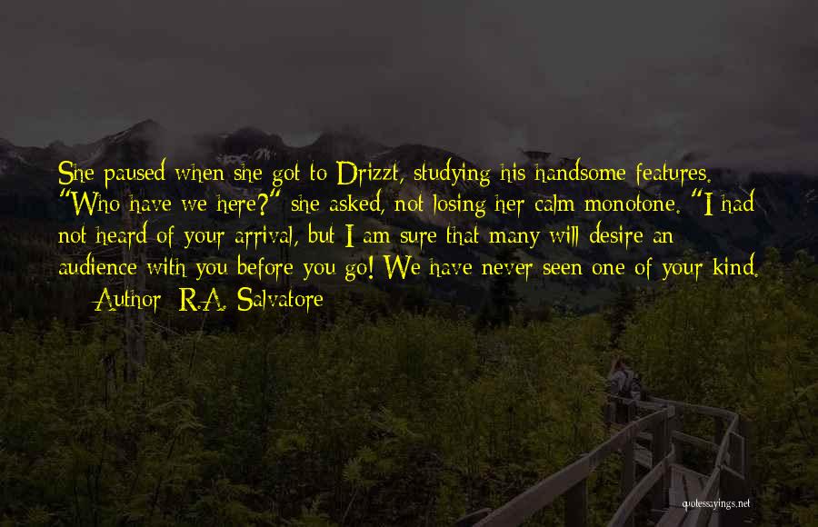 R.A. Salvatore Quotes: She Paused When She Got To Drizzt, Studying His Handsome Features. Who Have We Here? She Asked, Not Losing Her