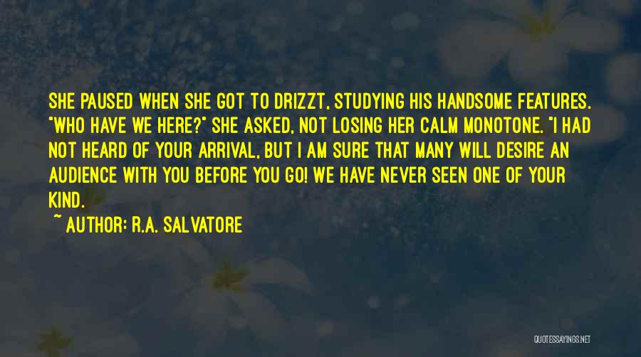 R.A. Salvatore Quotes: She Paused When She Got To Drizzt, Studying His Handsome Features. Who Have We Here? She Asked, Not Losing Her