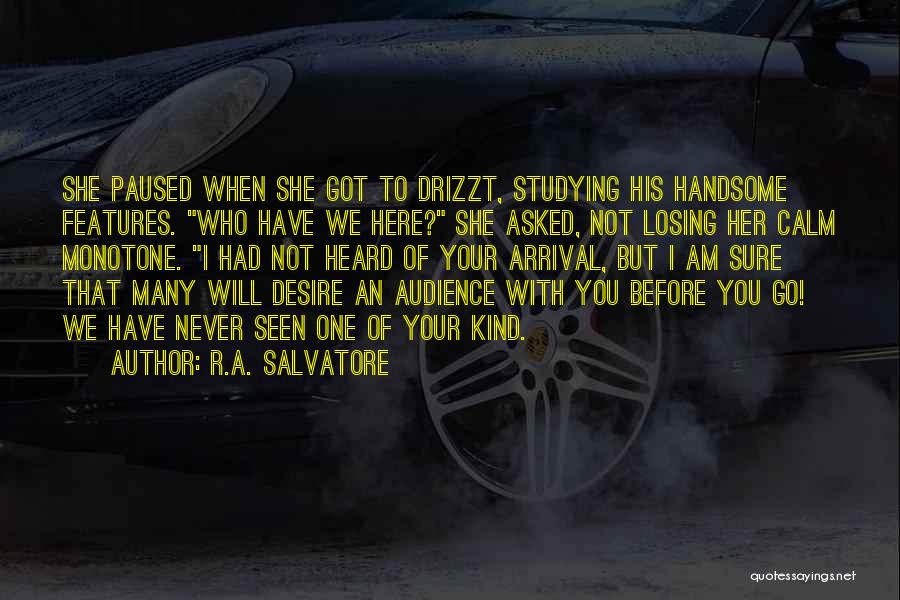 R.A. Salvatore Quotes: She Paused When She Got To Drizzt, Studying His Handsome Features. Who Have We Here? She Asked, Not Losing Her