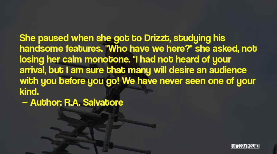 R.A. Salvatore Quotes: She Paused When She Got To Drizzt, Studying His Handsome Features. Who Have We Here? She Asked, Not Losing Her