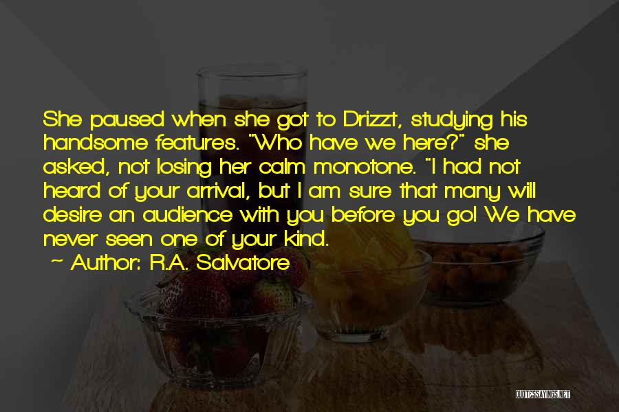 R.A. Salvatore Quotes: She Paused When She Got To Drizzt, Studying His Handsome Features. Who Have We Here? She Asked, Not Losing Her