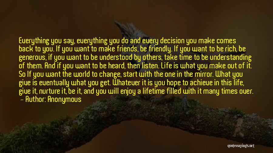 Anonymous Quotes: Everything You Say, Everything You Do And Every Decision You Make Comes Back To You. If You Want To Make