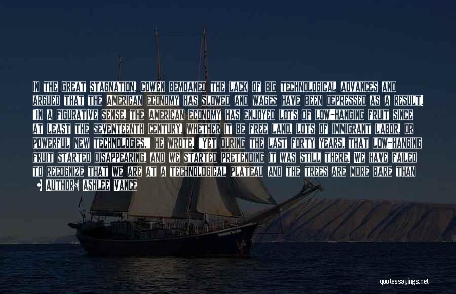 Ashlee Vance Quotes: In The Great Stagnation, Cowen Bemoaned The Lack Of Big Technological Advances And Argued That The American Economy Has Slowed