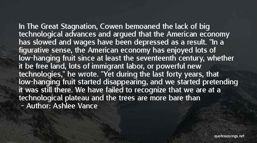 Ashlee Vance Quotes: In The Great Stagnation, Cowen Bemoaned The Lack Of Big Technological Advances And Argued That The American Economy Has Slowed