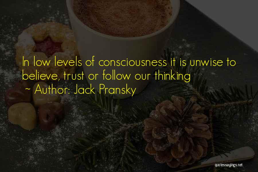 Jack Pransky Quotes: In Low Levels Of Consciousness It Is Unwise To Believe, Trust Or Follow Our Thinking