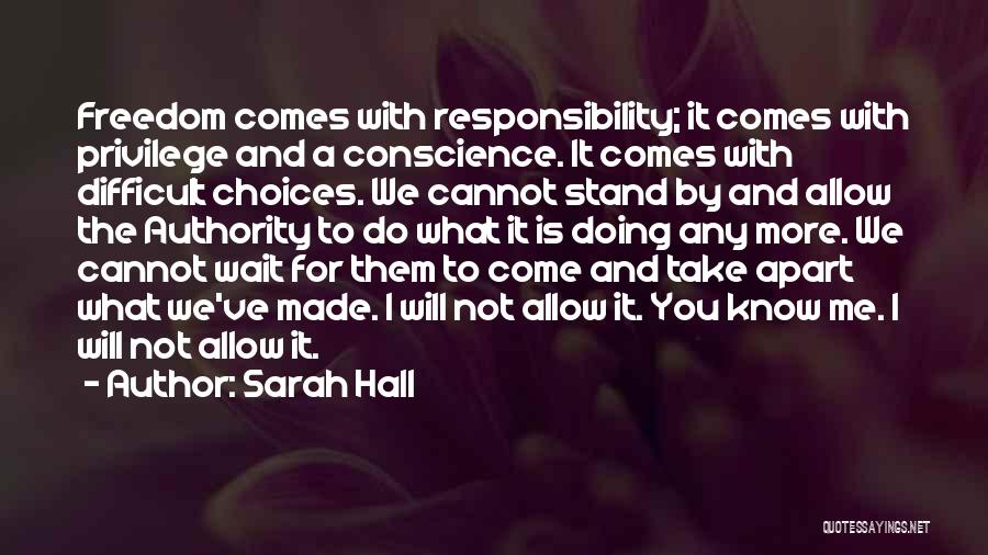 Sarah Hall Quotes: Freedom Comes With Responsibility; It Comes With Privilege And A Conscience. It Comes With Difficult Choices. We Cannot Stand By